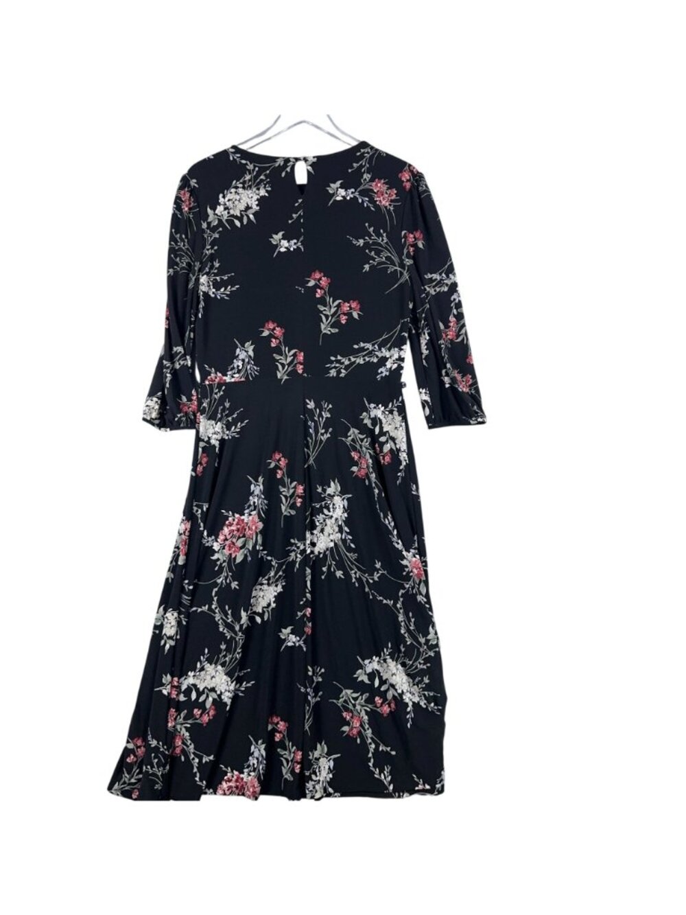 Lauren Ralph Lauren Dress Size 12 Midi Black Floral Print 3/4 Sleeves Keyhole - Picture 3 of 10